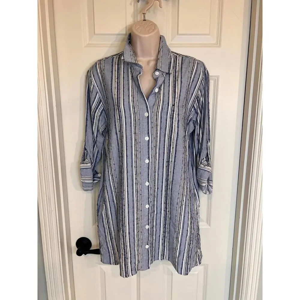 Karen Kane blue striped long sleeve button down shirt dress size small